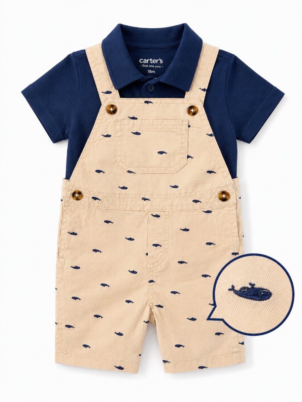 NWT Carter’s Toddler Boy 2 Piece Romper Set 18M Whale Print Overalls & Navy Polo